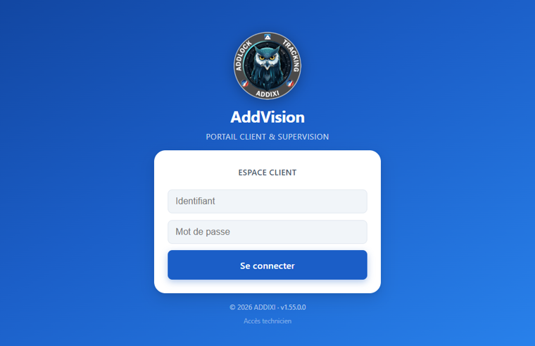 Écran de connexion du portail client AddVision d'ADDIXI